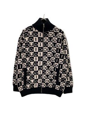 Gucci Black White Logo Jacquard Zip Up Knit Jacket XS